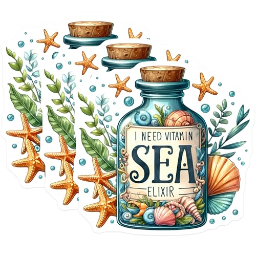 (3 Pack) Vitamin Sea Decals - Beach Lover Decal - Ocean Theme Decals - 3 Inches On Longest Side - Easy Peel & Apply - Made in USA - 3MCS8038