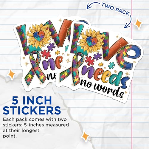 (2 Pack) Autism Awareness Stickers - Love Needs No Words - Colorful Puzzle Stickers - 5" On Longest Side - Sticks to Smooth Flat Surfaces - Made in USA - BMCS4157