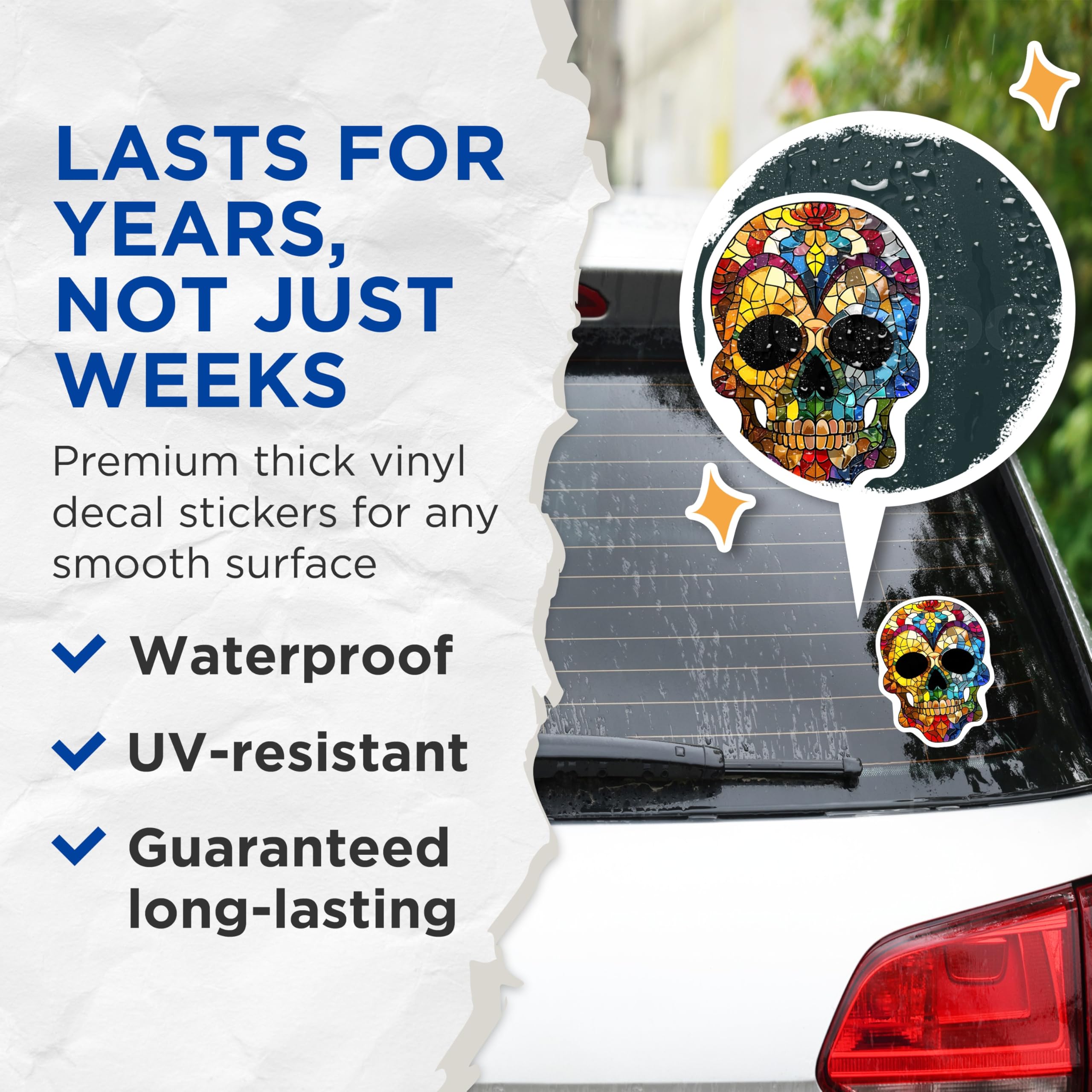 (2 Pack) Sugar Skull Stickers - Colorful Skull - Stained Glass Skull Art- 5" On Longest Side - Sticks to Smooth Flat Surfaces - Made in USA - BMCS16917