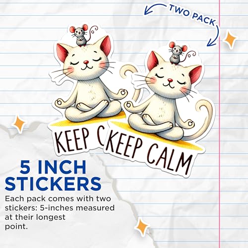 (2 Packs) Keep Calm Meditating Cat Stickers - Cat Meditation Yoga Peace Decals - 5 Inches On Longest Side - Premium Vinyl Decal - Sticks to Any Smooth Flat Surface - Made in USA - BMCS2427