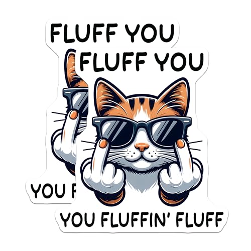 (2 Pack) Funny Cat Stickers - Rude Cat Meme - Fluff You Stickers - 5" On Longest Side - Sticks to Smooth Flat Surfaces - Made in USA - BMCS5659