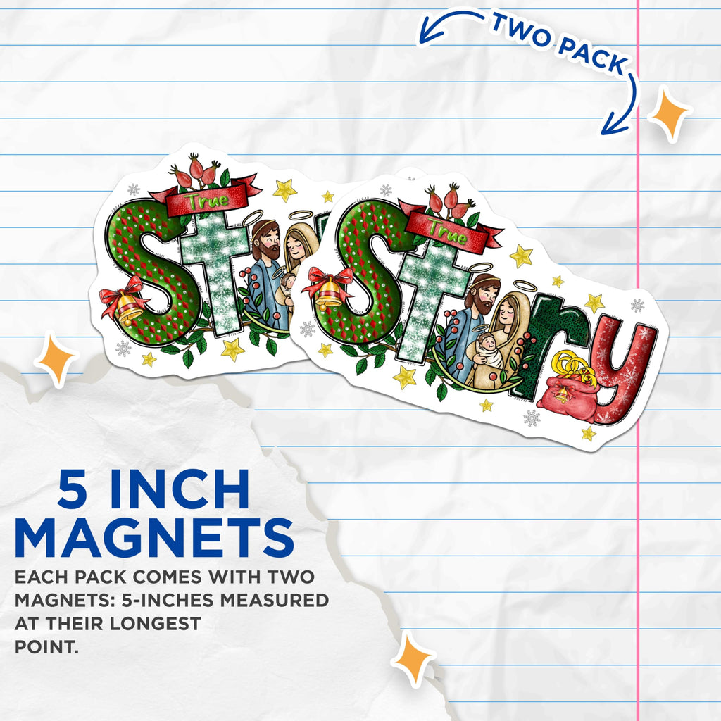 (2 Pack) True Story Nativity Magnets - Christmas Story Decor - Christian Holiday Fridge Art - 5 Inches On Longest Side - Thick Durable Magnet - Made in USA - MAG29198