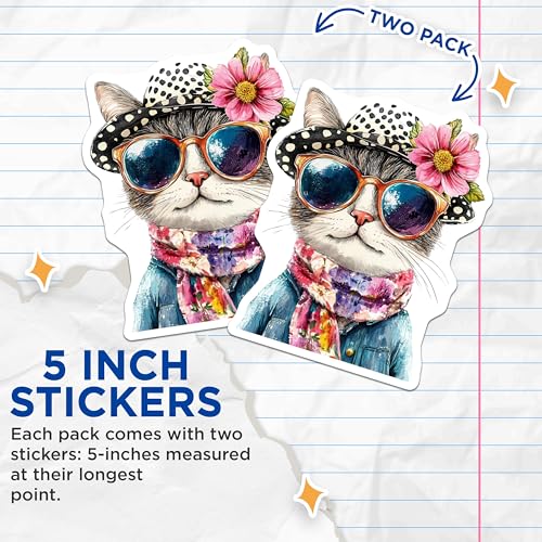 (2 Pack) Cute Cat Wearing Sunglasses Stickers - Whimsical Animal Art - Cool Kitten Hat Flower Design - 5" On Longest Side - Sticks to Smooth Flat Surfaces - Made in USA - BMCS9506