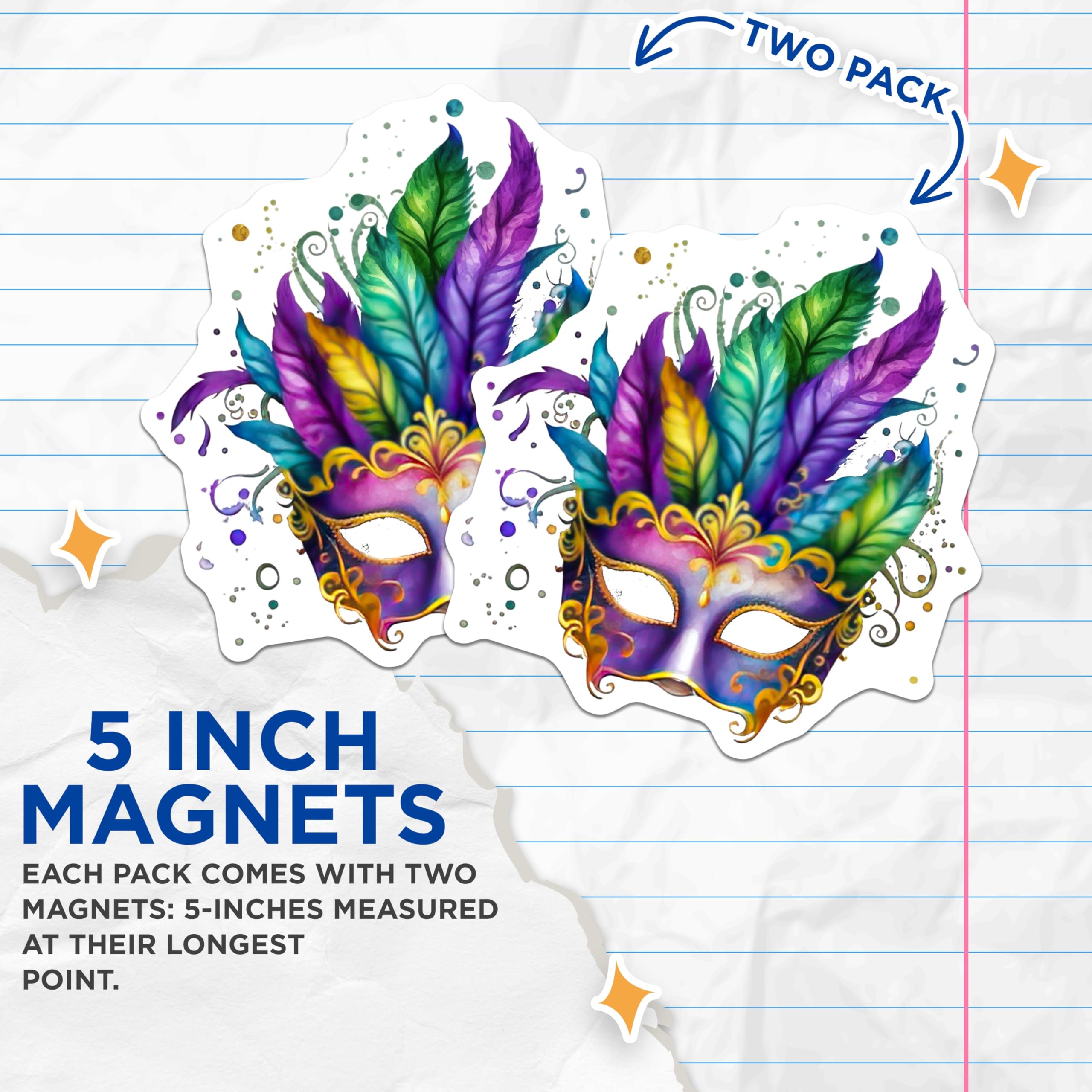 (2 Pack) Mardi Gras Mask Magnets - Carnival Feathers Decorations - Fridge Lockers Boards - 5" On Longest Side - Premium Magnet - for Cars, Refrigerators, Toolboxes, Lockers - Made in USA - MAG15108