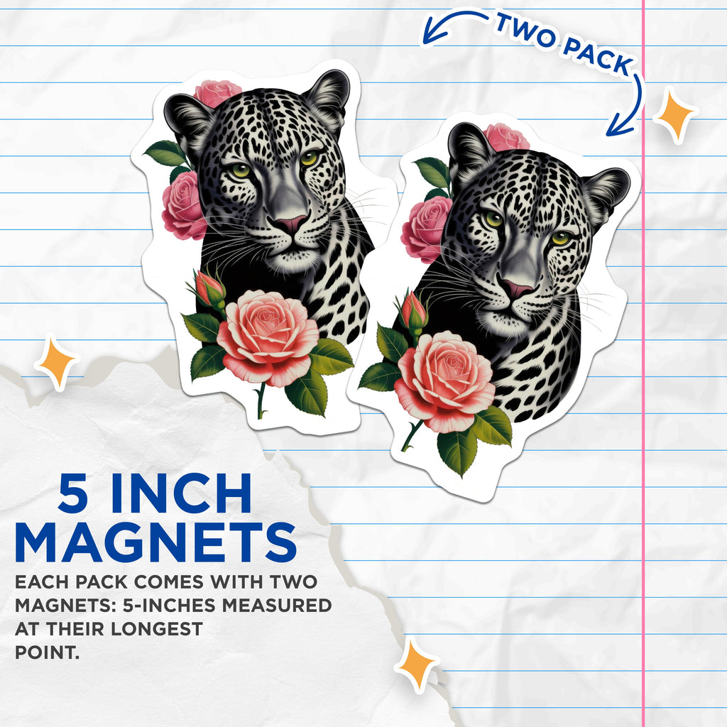 (2 Pack) Leopard Rose Magnets - Exotic Animal Fridge Decor - Floral Big Cat Locker Magnet - Aesthetic Kitchen Accessories - 5 Inches On Longest Side - Thick Durable Magnet - Made in USA - MAG36156
