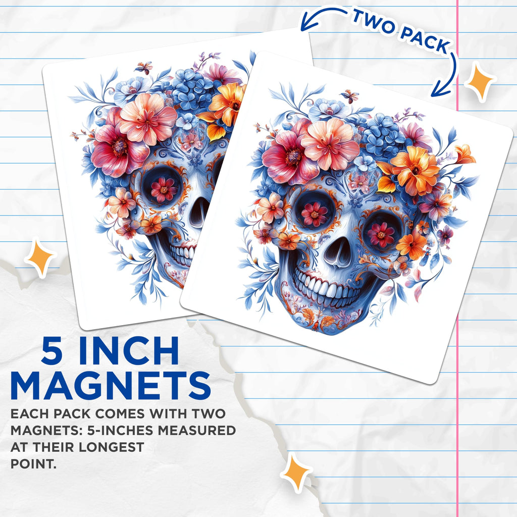 (2 Pack) Día de Los Muertos Sugar Skull Magnets - Calavera Floral Decor - Remembrance Art Kitchen - 5 Inches On Longest Side - Thick Durable Magnet - Made in USA - MAG27337