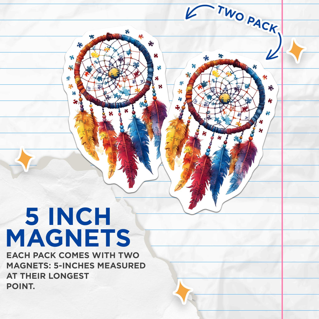 (2 Pack) Autism Puzzle Dreamcatcher Magnets - Neurodiversity Awareness Art - Special Education Support Decor - 5 Inches On Longest Side - Thick Durable Magnet - Made in USA - MAG30133