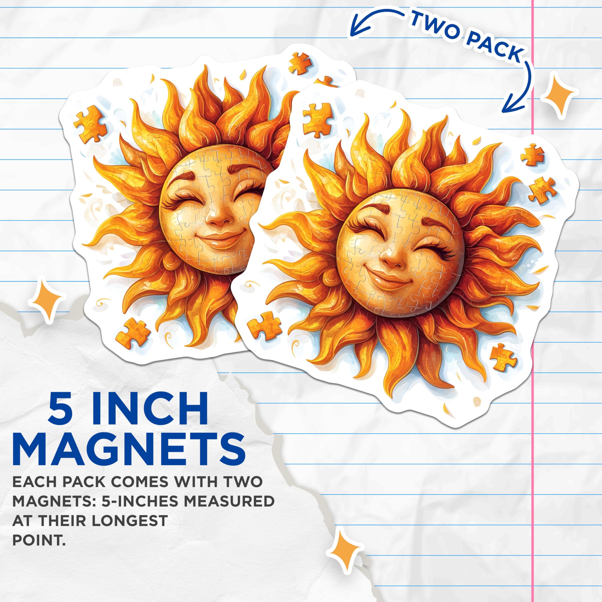 (2 Pack) Happy Puzzle Sun Magnets - Cheerful Jigsaw Art - Positive Vibe Decor - 5 Inches On Longest Side - Thick Durable Magnet - Made in USA - MAG25966
