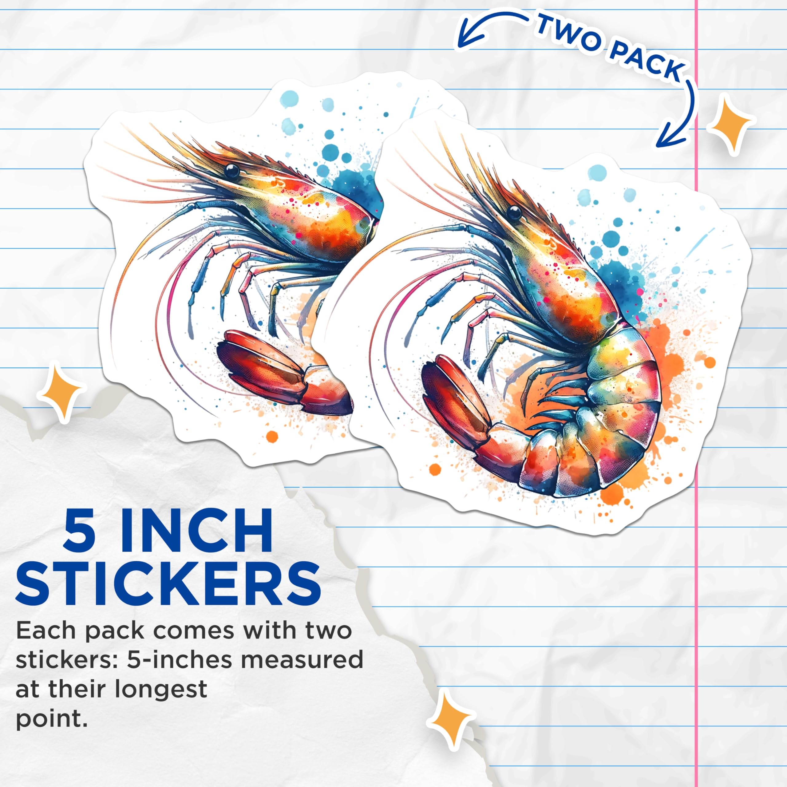 (2 Pack) Shrimp Stickers - Colorful Seafood Decals - Watercolor Animal Art - 5" On Longest Side - Sticks to Smooth Flat Surfaces - Made in USA - BMCS14257
