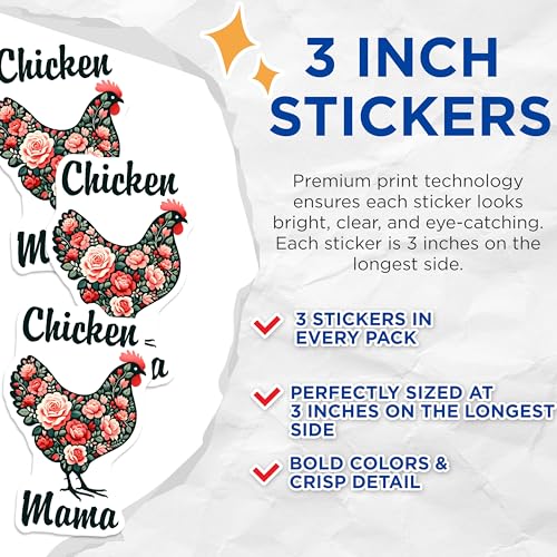 (3 Pack) Chicken Mama Decals - Floral Chicken Decals - Farm Animal Stickers - 3 Inches On Longest Side - Easy Peel & Apply - Made in USA - 3MCS8423