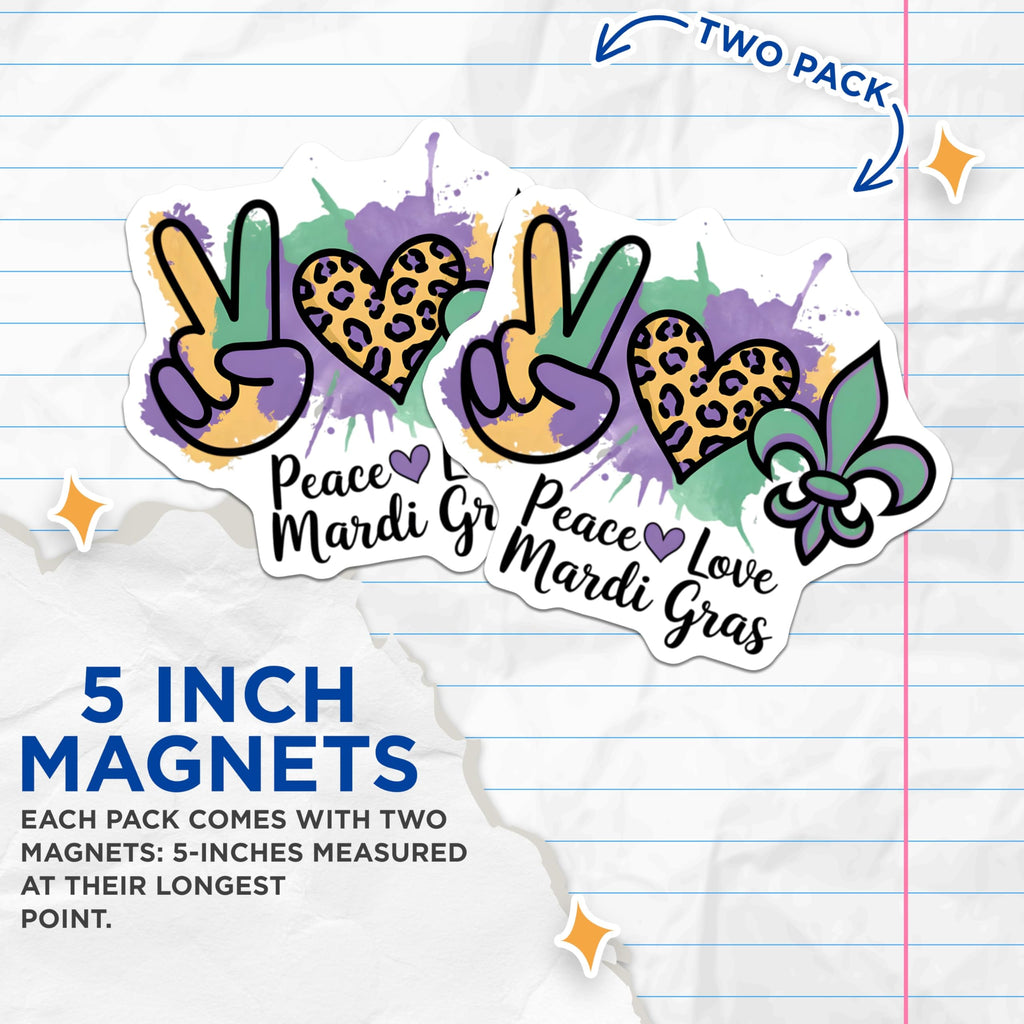 (2 Pack) Mardi Gras Magnets - Peace Love Leopard Heart - Fleur de Lis Refrigerator Decor - 5" On Longest Side - Premium Magnet - for Cars, Refrigerators, Toolboxes, Lockers - Made in USA - MAG14845
