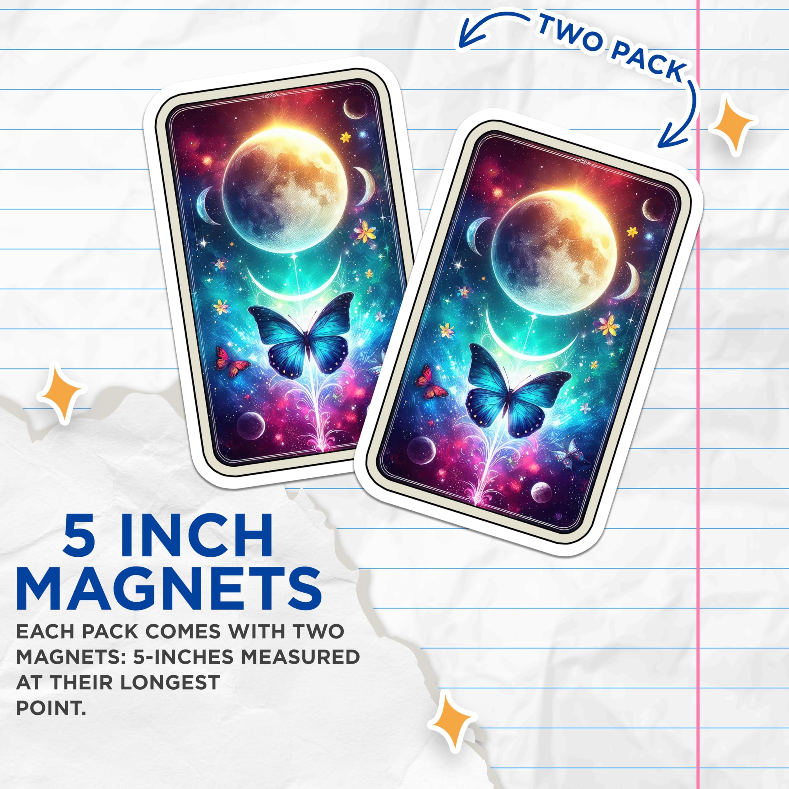 (2 Pack) Celestial Butterfly Magnets - Cosmic Moon Phase Art - Vibrant Galactic Space Mystical Decor Fridge Magnets - 5 Inches On Longest Side - Thick Durable Magnet - Made in USA - MAG21996