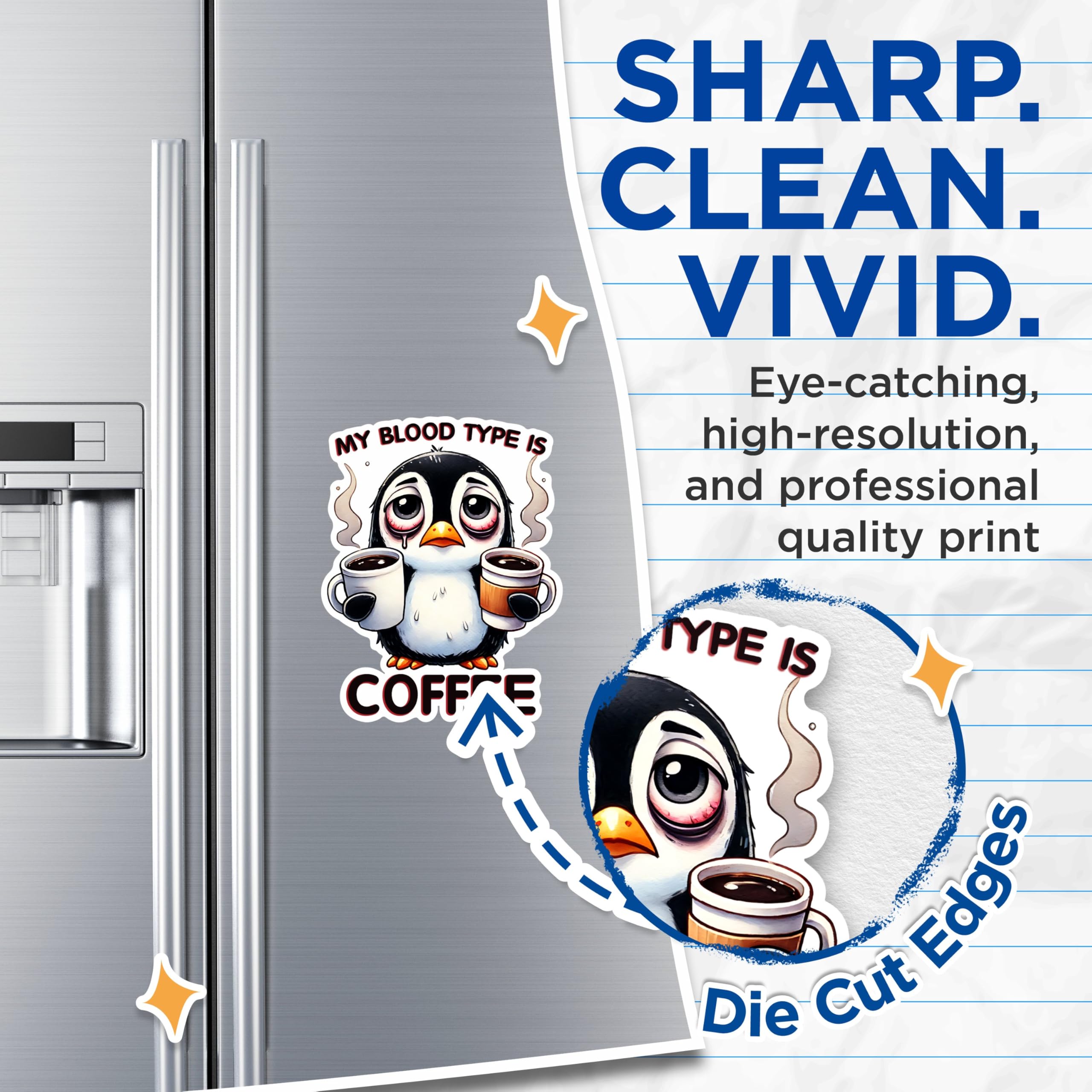 (2 Pack) My Blood Type is Coffee Magnets - Funny Penguin Magnets - Coffee Lover Kitchen Magnets- 5" On Longest Side - for Fridges, Toolboxes, Cars - Made in USA - MAG2765