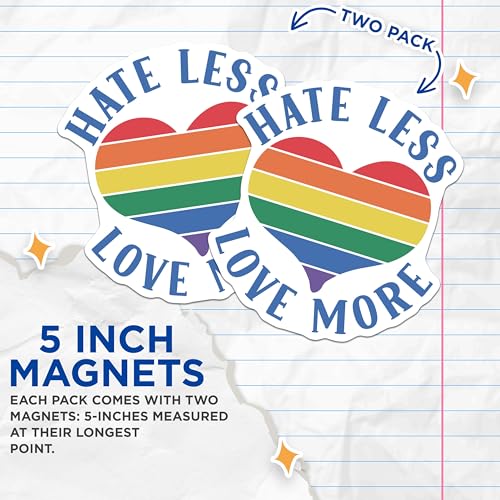 (2 Pack) Hate Less Love More Magnets - Inspirational Magnets - Colorful Heart Magnets - Positive Quote Magnets - 5" On Longest Side - for Cars, Fridges, Toolboxes - Made in USA - MAG4083