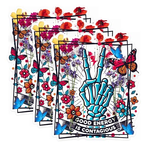 (3 Pack) Skeleton Hand Decals - Butterfly Flower Decals - Good Energy Decal - 3 Inches On Longest Side - Easy Peel & Apply - Made in USA - 3MCS1430