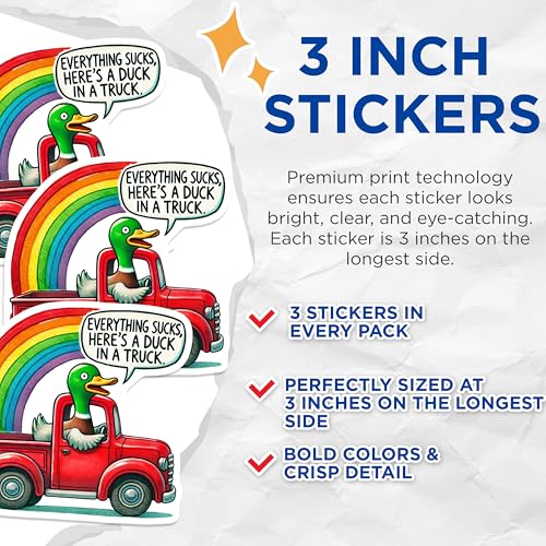 (3 Pack) Duck in A Truck Decals - Funny Car Sticker - Rainbow Laptop Decal - 3 Inches On Longest Side - Easy Peel & Apply - Made in USA - 3MCS4641