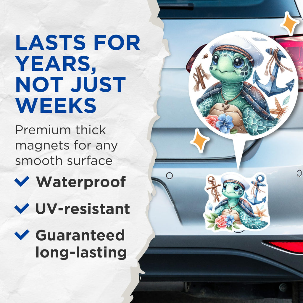(2 Pack) Cute Sailor Turtle Magnets - Nautical Ocean Art - Sea Life Fridge Decor - 5 Inches On Longest Side - Thick Durable Magnet - Made in USA - MAG20693