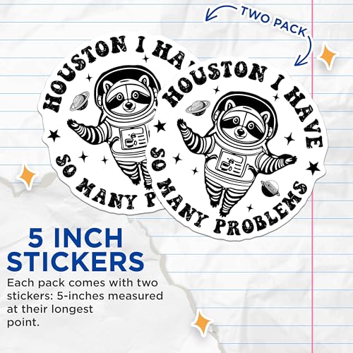 (2 Pack) Funny Raccoon Astronaut Stickers - Space Raccoon Art Stickers - Houston I Have Problems Stickers - 5" On Longest Side - Sticks to Any Smooth Flat Surface - Made in USA - BMCS3494