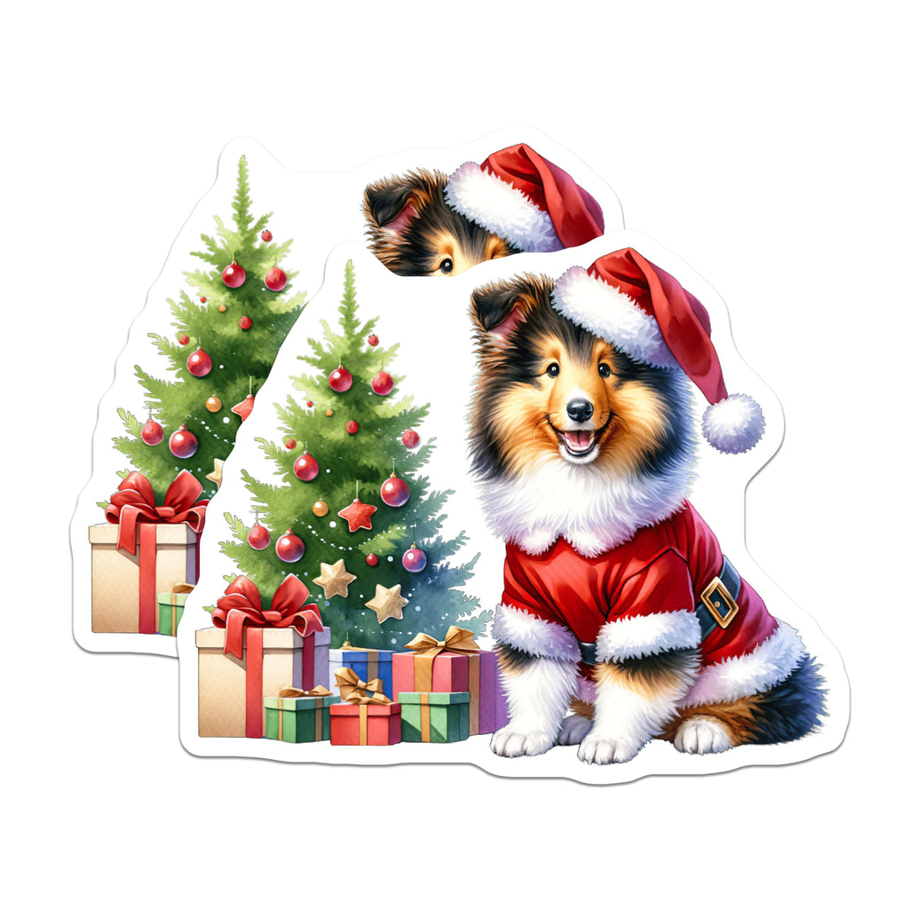(2 Pack) Santa Dog Magnets - Cute Christmas Sheltie Decor - Puppy Holiday Refrigerator Art - 5 Inches On Longest Side - Thick Durable Magnet - Made in USA - MAG25099