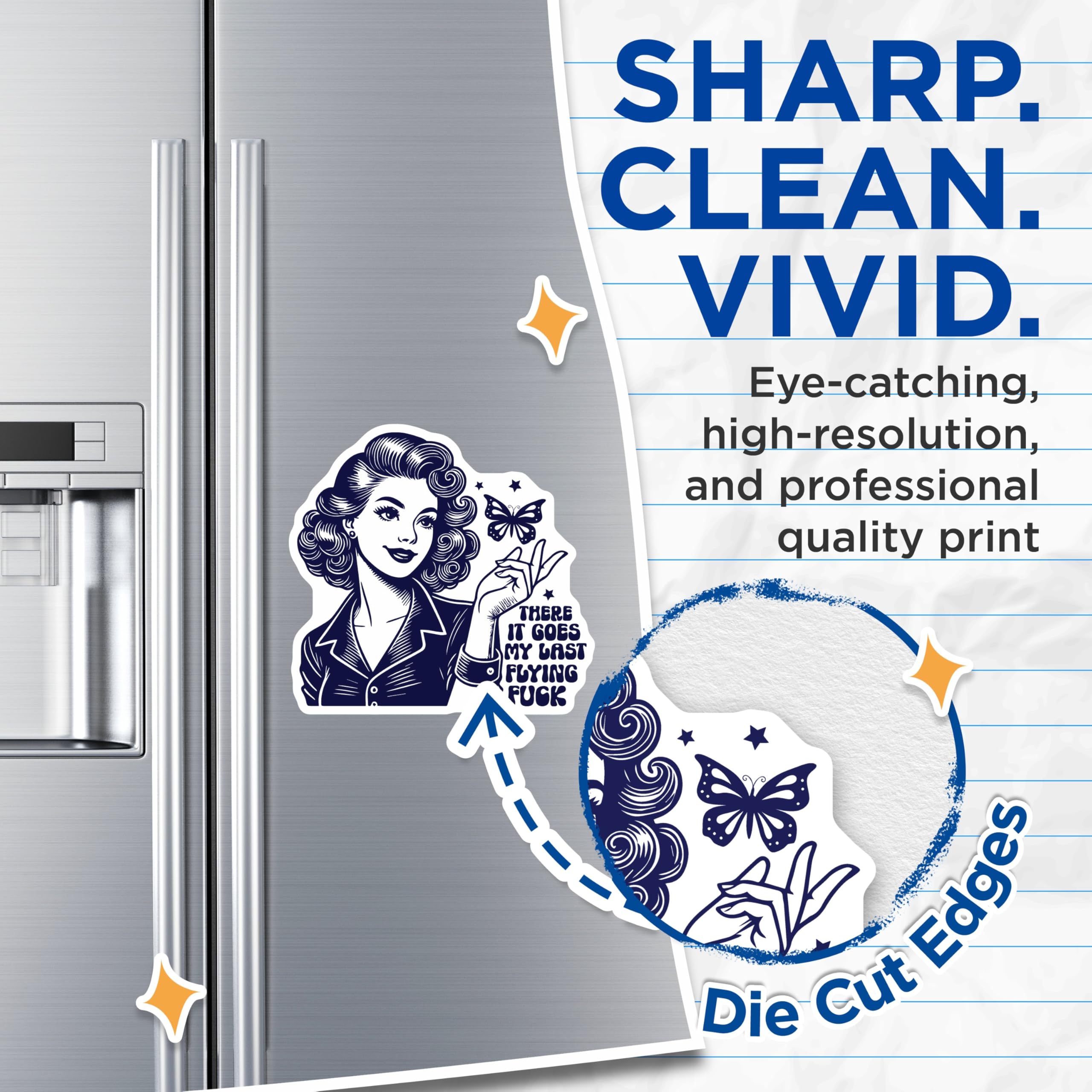 (2 Pack) Retro Lady Magnets - Flying Last Butterfly - Funny Offensive Magnet - 5" On Longest Side - Premium Magnet - for Cars, Refrigerators, Toolboxes, Lockers - Made in USA - MAG16417
