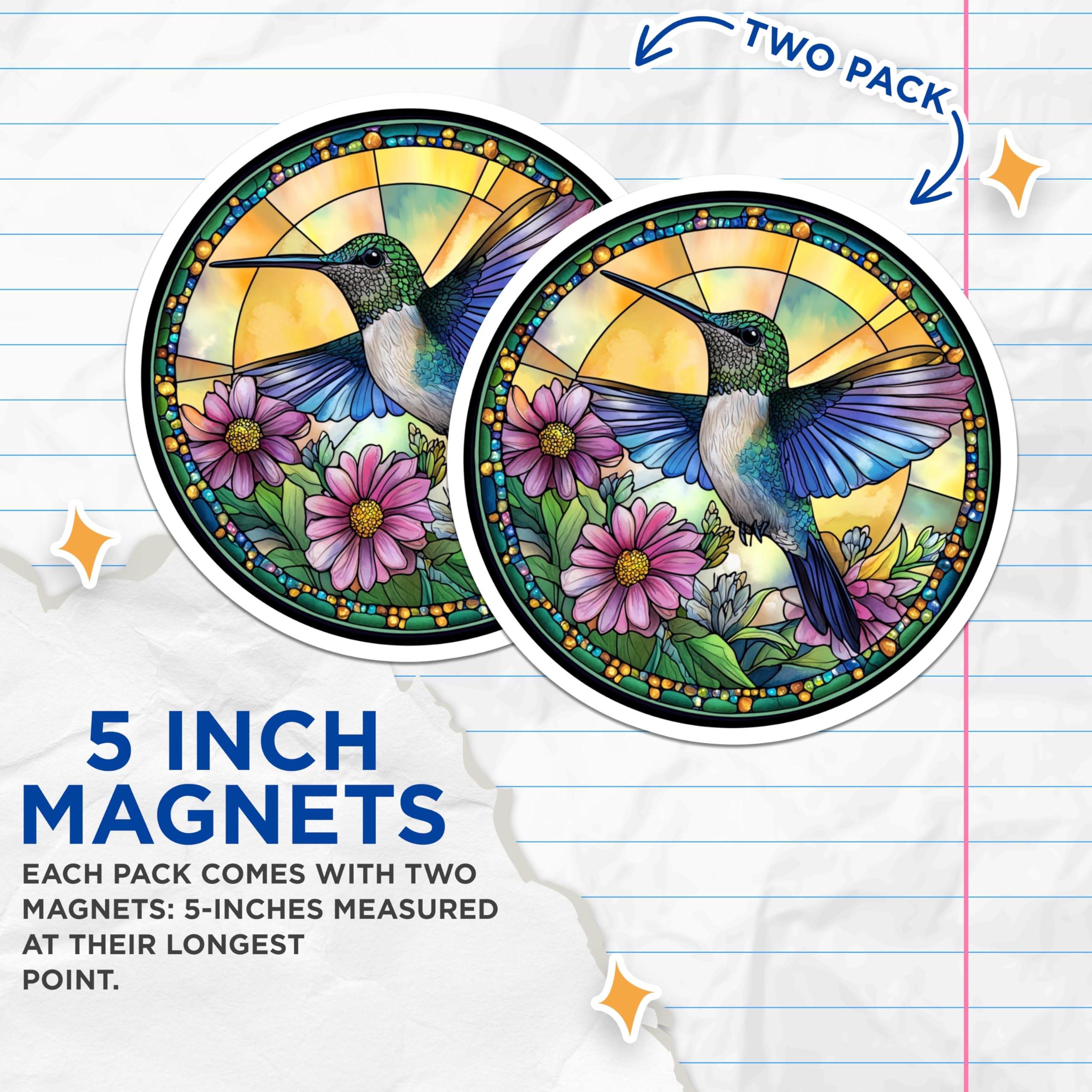 (2 Pack) Hummingbird Stained Glass Window Magnets - Vibrant Bird Art Decor - Nature Lover Kitchen Fridge Decor - 5 Inches On Longest Side - Thick Durable Magnet - Made in USA - MAG30420
