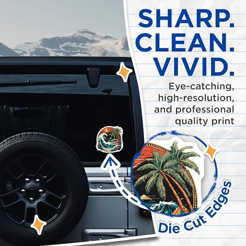 (2 Pack) Tropical Beach Stickers - Ocean Wave - Sunset Palm Tree - 5" On Longest Side - Sticks to Smooth Flat Surfaces - Made in USA - BMCS9253