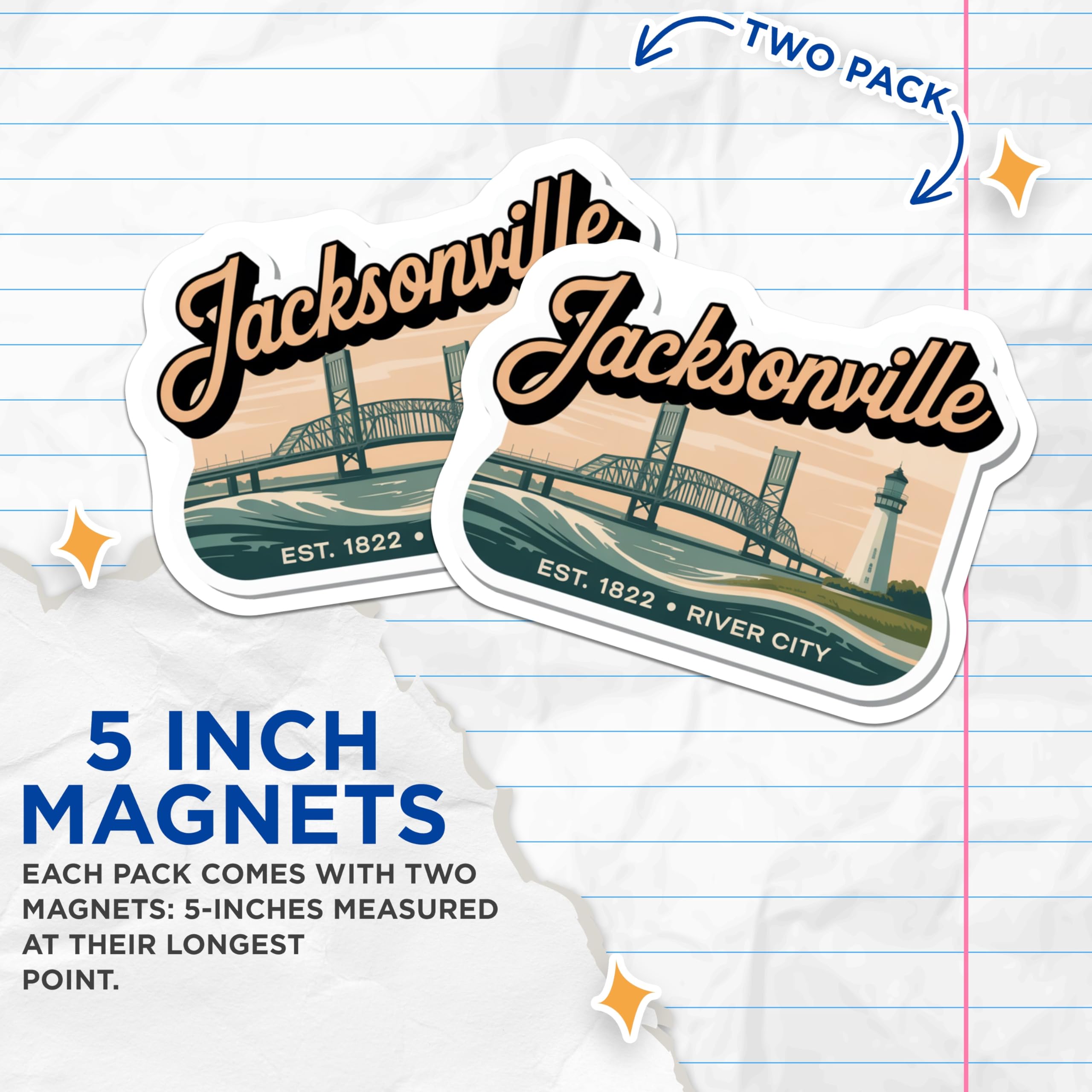 (2 Pack) Jacksonville Magnets - Florida Travel Souvenir - River City Fridge Magnets - 5" On Longest Side - Premium Magnet - for Cars, Refrigerators, Toolboxes, Lockers - Made in USA - MAG17336