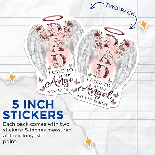 (2 Pack) Dad I Used to Be His Angel Stickers - Memorial Stickers - Floral Angel Wings Stickers - 5" On Longest Side - Sticks to Smooth Flat Surfaces - Made in USA - BMCS6122