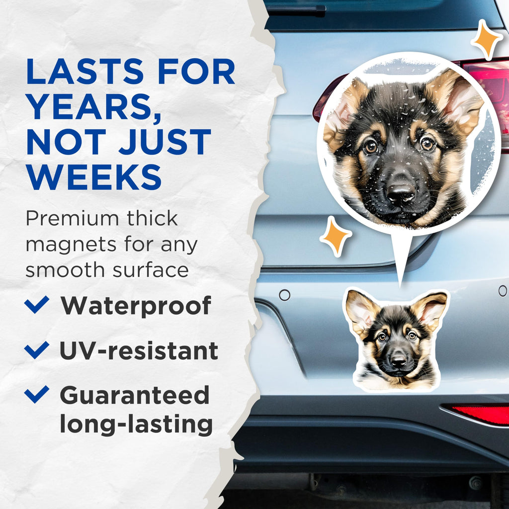 (2 Pack) German Shepherd Puppy Magnets - Dog Lover Refrigerator Decor - Canine Pet Owner Home Accents - 5 Inches On Longest Side - Thick Durable Magnet - Made in USA - MAG30849