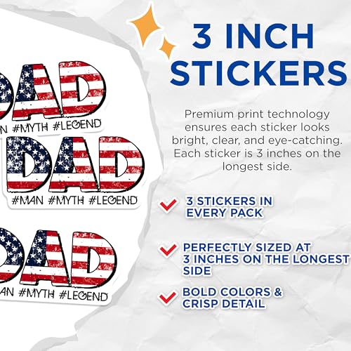 (3 Pack) Dad Decals - American Flag Decal - Man Myth Legend Decal - 3 Inches On Longest Side - Easy Peel & Apply - Made in USA - 3MCS2017