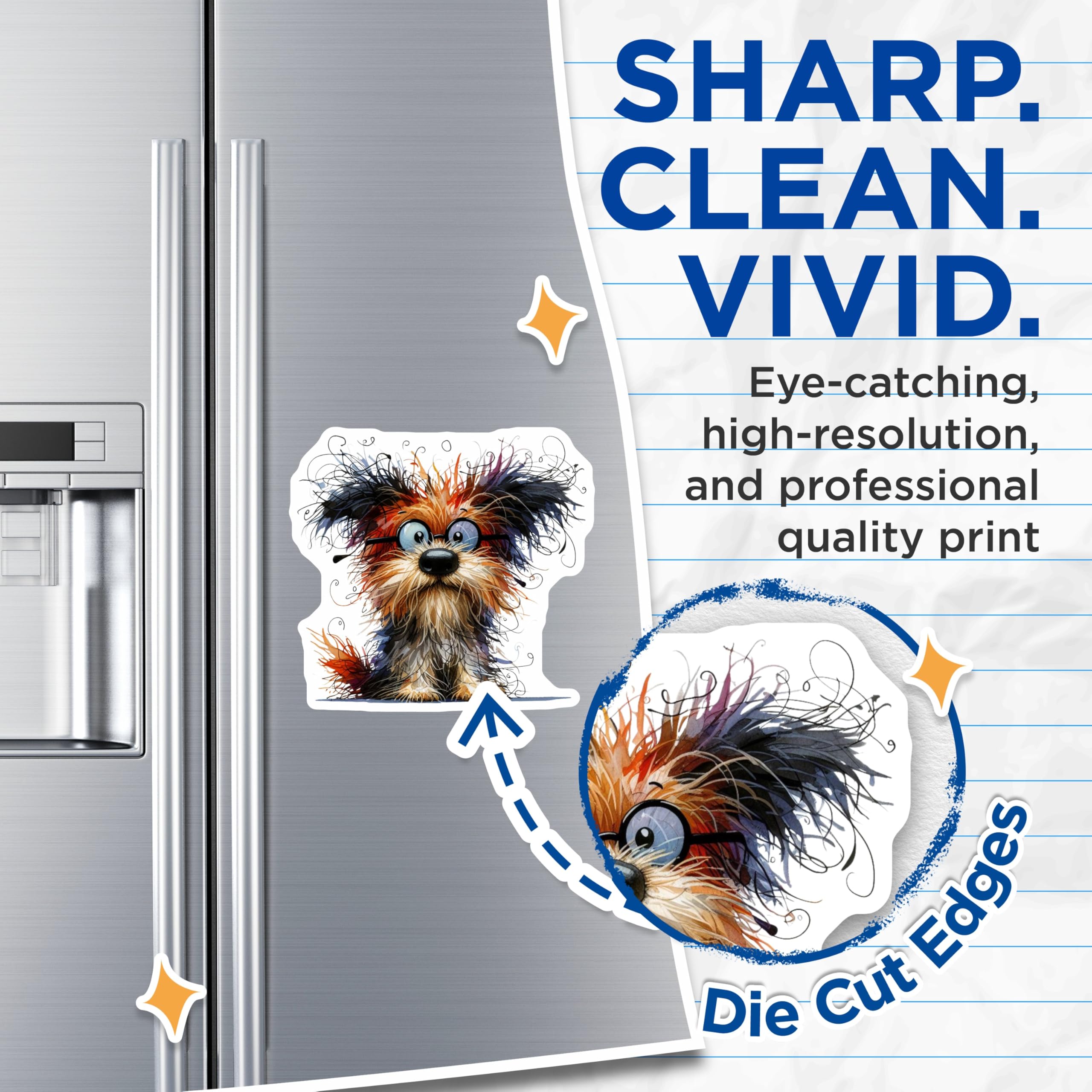(2 Pack) Quirky Dog with Glasses Magnets - Messy Hair Pup Art - Pet Owner Refrigerator Decor - 5 Inches On Longest Side - Thick Durable Magnet - Made in USA - MAG27570