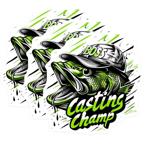 (3 Pack) Bass Fishing Decals - Casting Champ - Funny Fish Decals - 3 Inches On Longest Side - Easy Peel & Apply - Made in USA - 3MCS2156