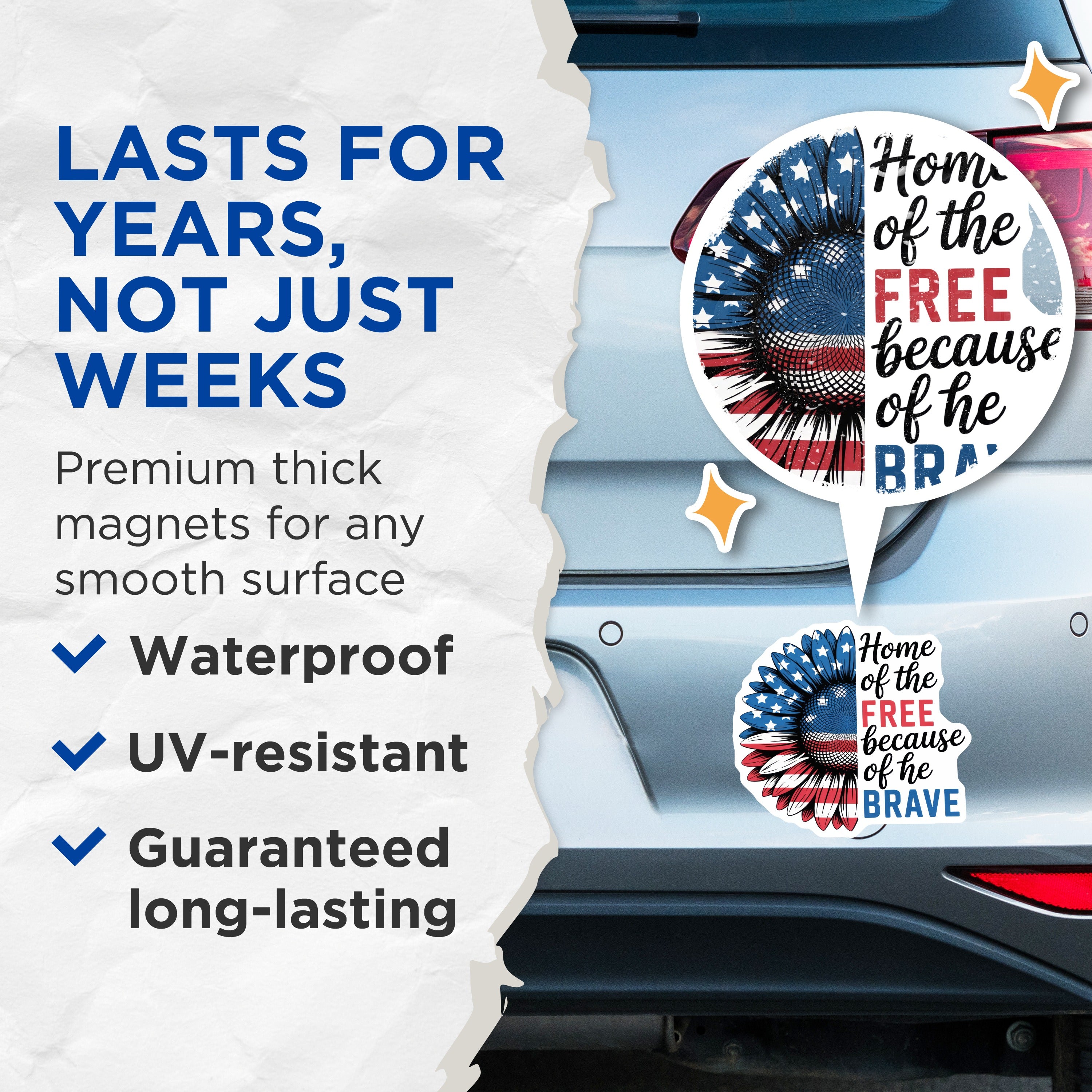 (2 Pack) Patriotic Sunflower Magnets - American Flag Design Home of the Free Brave Decor - Military Veteran Support - 5 Inches On Longest Side - Thick Durable Magnet - Made in USA - MAG37269