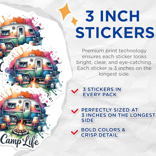(3 Pack) Camp Life Decals - RV Decal - Camper Decal- 3 Inches On Longest Side - Easy Peel & Apply - Made in USA - 3MCS5802