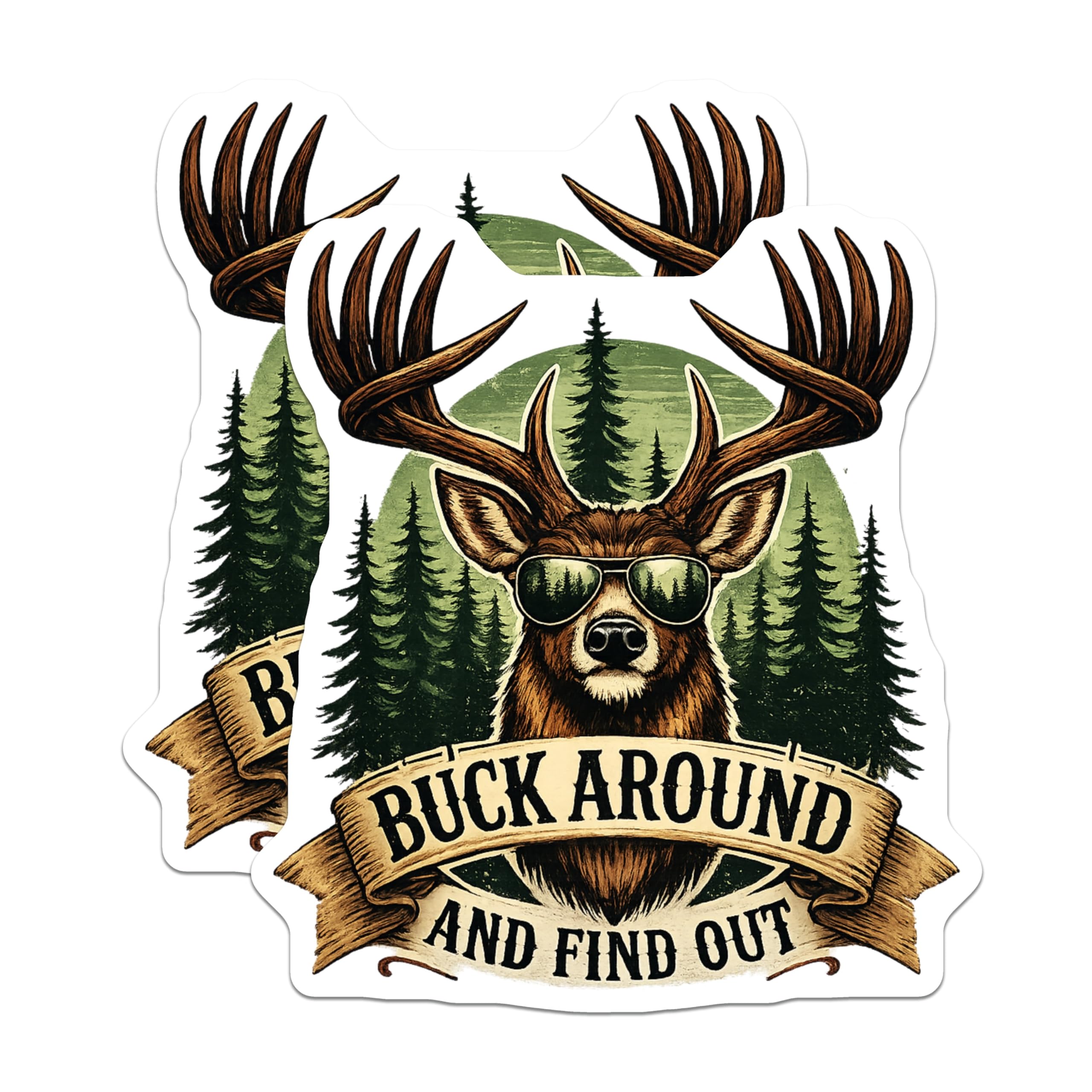 (2 Pack) Buck Around Find Out Magnets - Cool Deer Sunglasses Antlers - Funny Hunting Outdoor Humor Art - Forest Vibe Decor - 5 Inches On Longest Side - Thick Durable Magnet - Made in USA - MAG19975