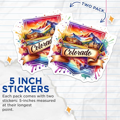 (2 Pack) Colorado Stickers - Mountain Landscape Decal - Travel Souvenir - State Pride - Vibrant Art - Adventure Sticker - 5" On Longest Side - Sticks to Smooth Flat Surfaces - Made in USA - BMCS6781