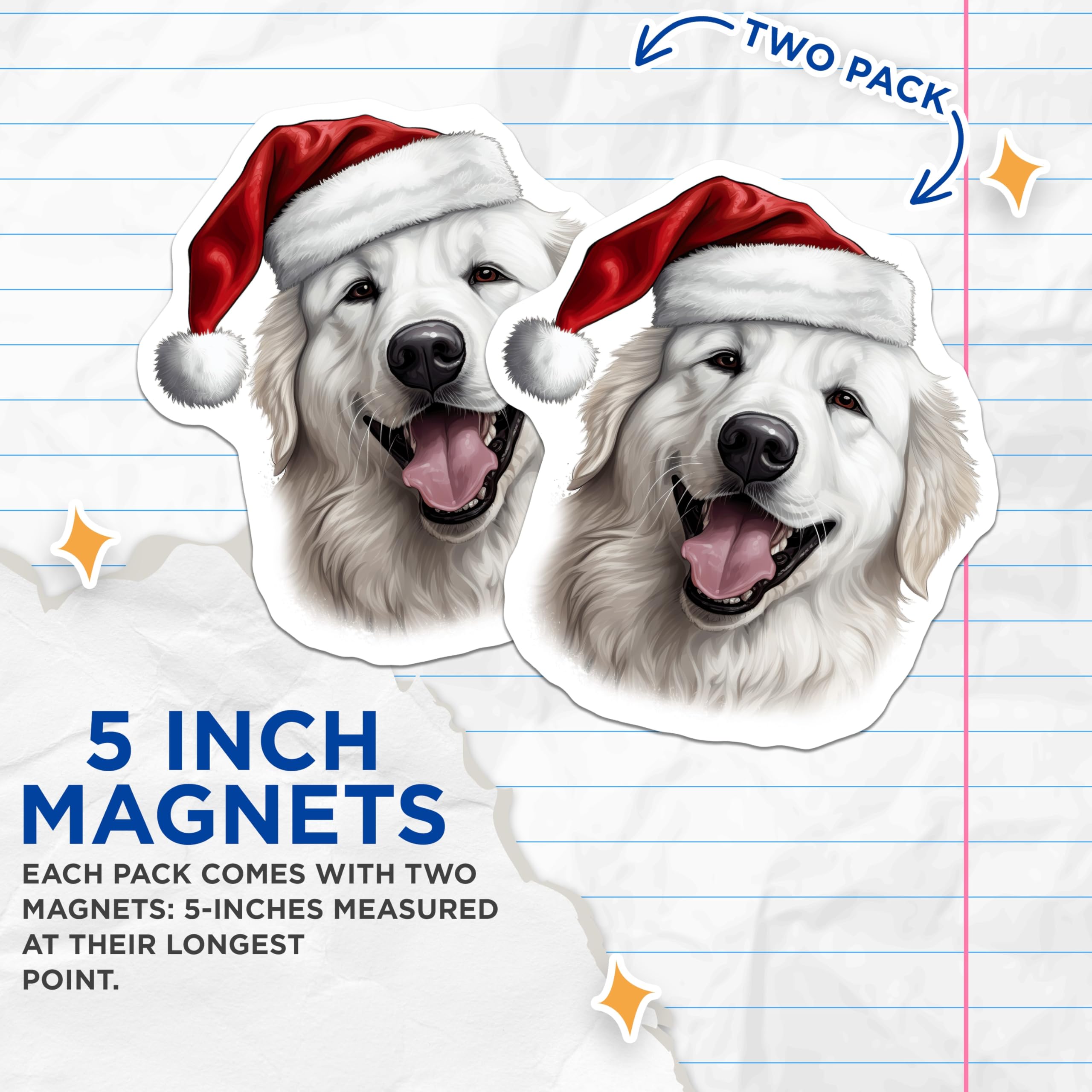 (2 Pack) Christmas Dog Magnets - Santa Hat Dog - White Fluffy Dog Decor - 5 Inches On Longest Side - Thick Durable Magnet - Made in USA - MAG27620