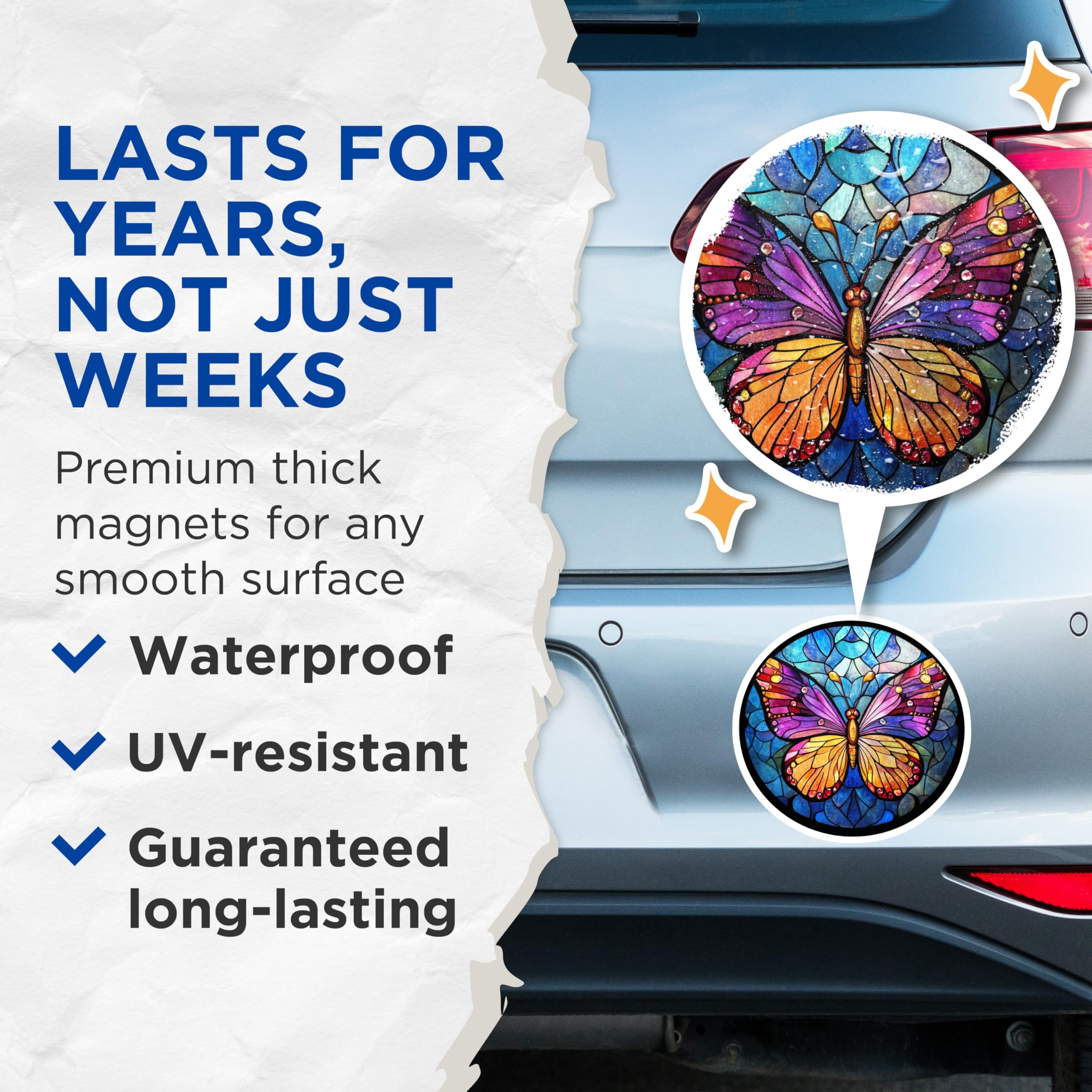 (2 Pack) Stained Glass Butterfly Magnets - Colorful Fridge Decor - Nature Inspired Art Accent - 5 Inches On Longest Side - Thick Durable Magnet - Made in USA - MAG25353