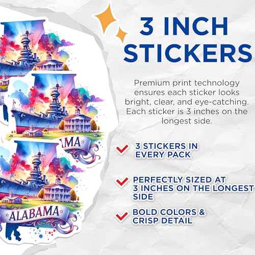 (3 Pack) Alabama Decals - State Pride - Battleship USS Alabama- 3 Inches On Longest Side - Easy Peel & Apply - Made in USA - 3MCS5926