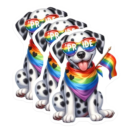 (3 Pack) Pride Dalmatian Decals - Dog with Rainbow - LGBTQ Pride Stickers- 3 Inches On Longest Side - Easy Peel & Apply - Made in USA - 3MCS5307