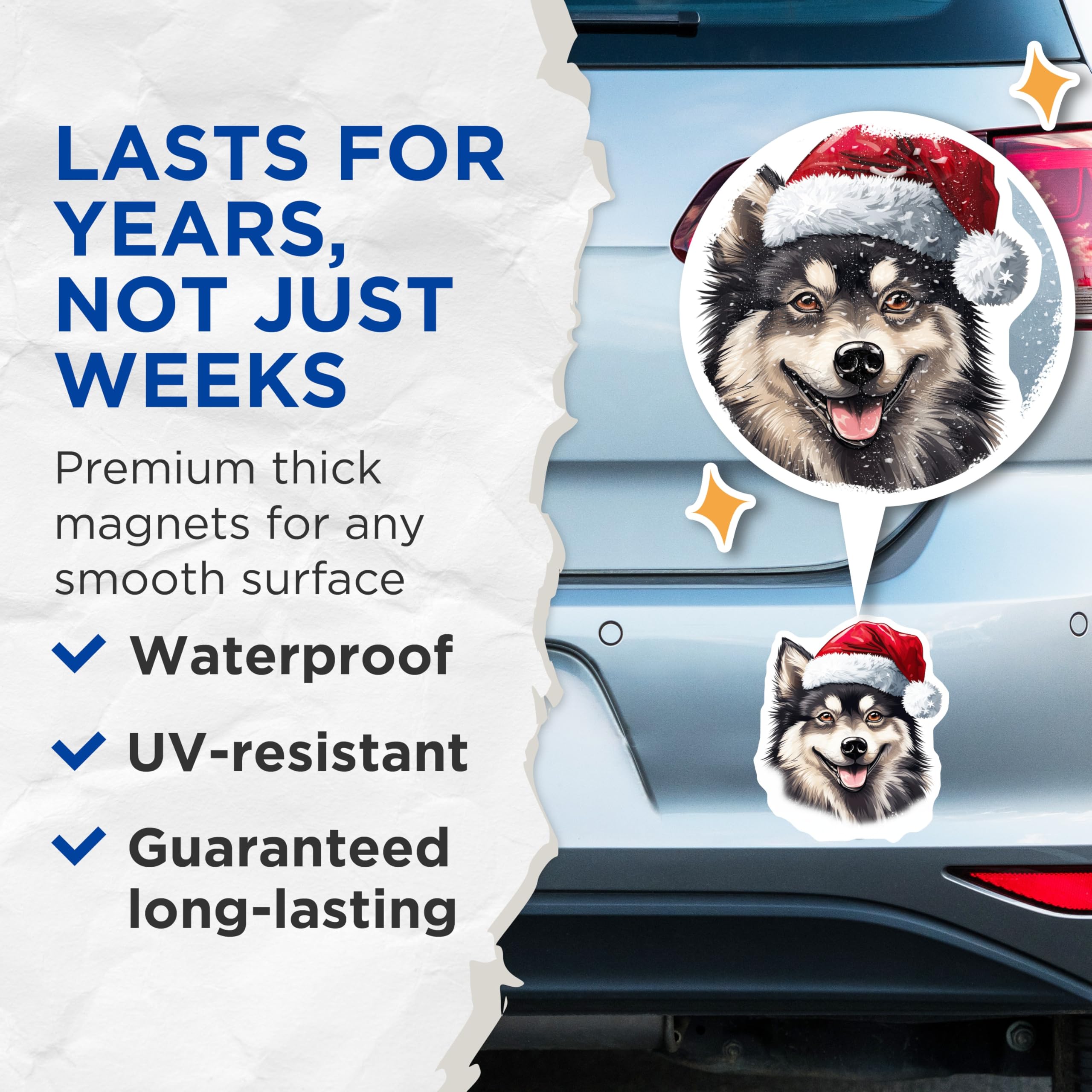(2 Pack) Christmas Dog Magnets - Smiling Husky Malamute Lover - Santa Hat Pet Fridge Decor - 5 Inches On Longest Side - Thick Durable Magnet - Made in USA - MAG27817