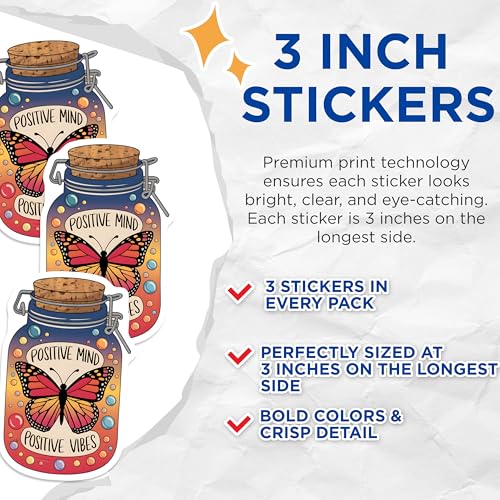 (3 Pack) Butterfly Decals - Positive Vibes - Laptop Stickers- 3 Inches On Longest Side - Easy Peel & Apply - Made in USA - 3MCS5355