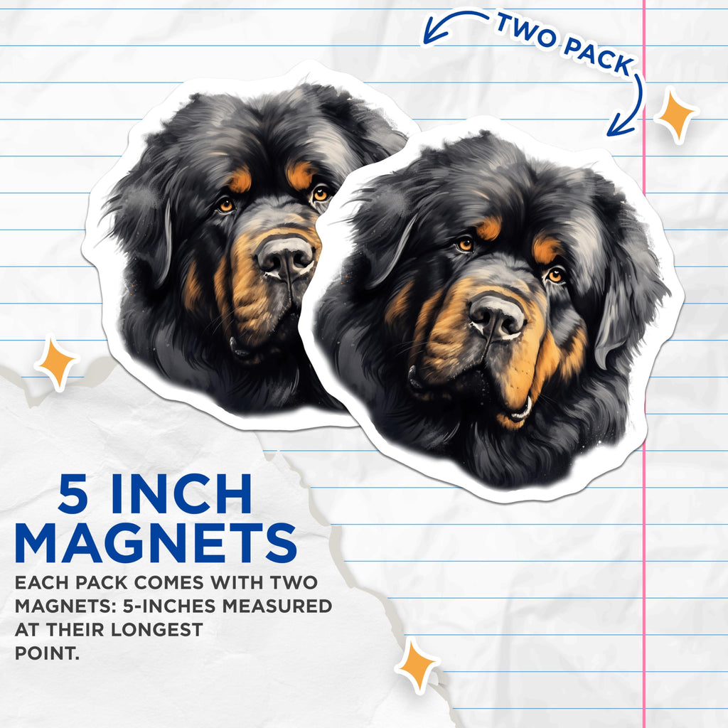 (2 Pack) Tibetan Mastiff Magnets - Regal Dog Breed Art - Big Canine Pet Owner Refrigerator Home Decor - 5 Inches On Longest Side - Thick Durable Magnet - Made in USA - MAG29628