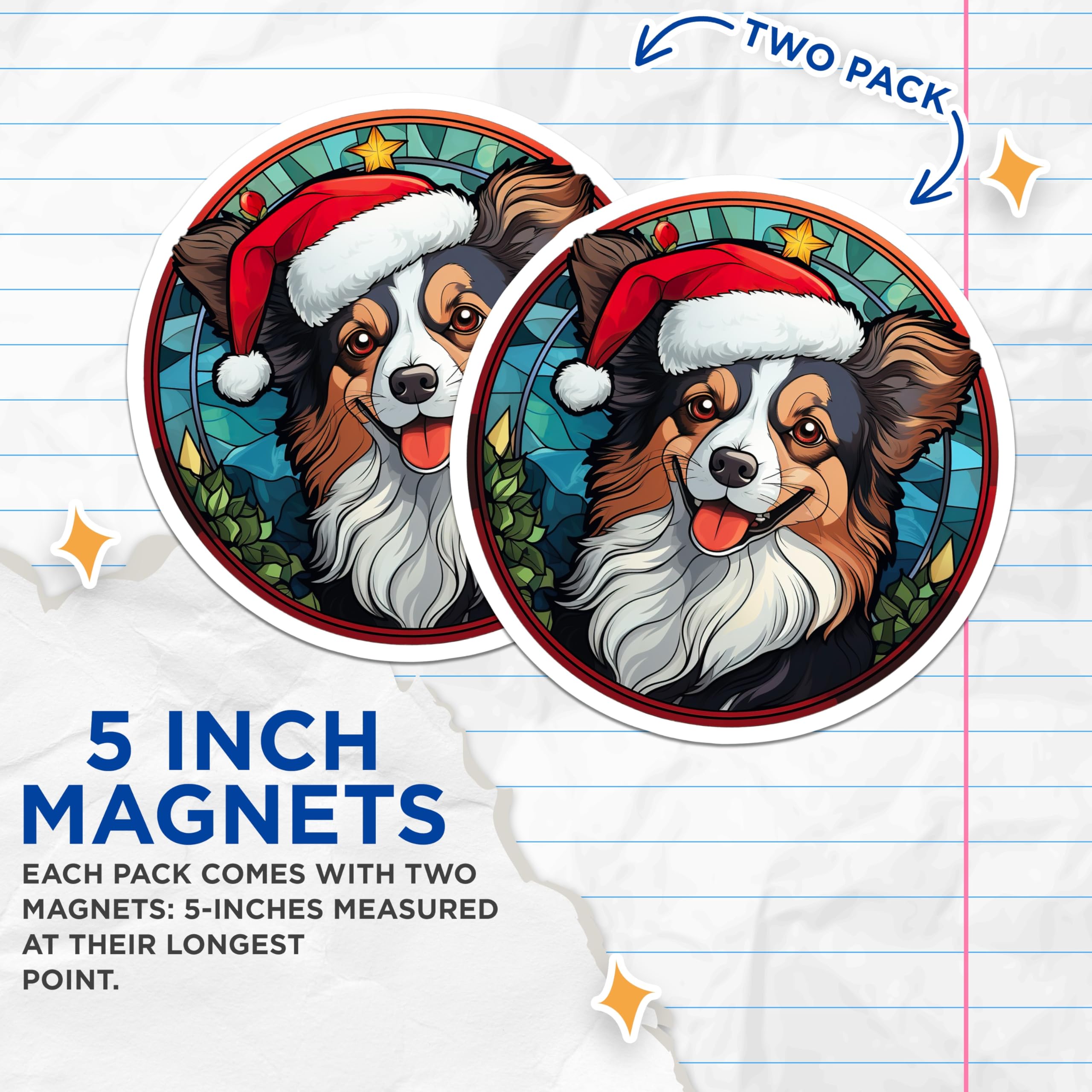 (2 Pack) Australian Shepherd Christmas Magnets - Stained Glass Dog Decor - Holiday Pet Lover Refrigerator Magnets - 5 Inches On Longest Side - Thick Durable Magnet - Made in USA - MAG27486