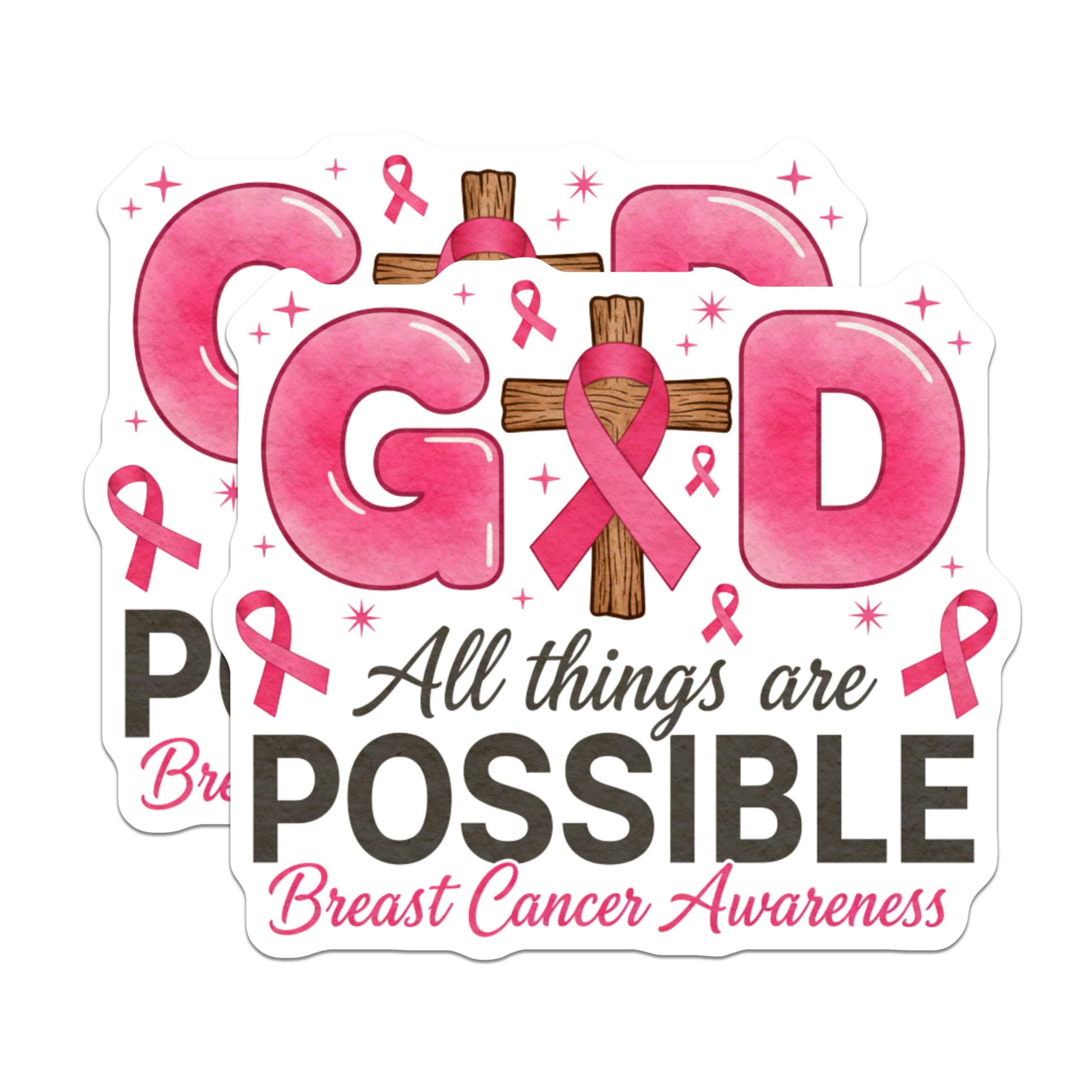 (2 Pack) Breast Cancer Awareness Stickers - All Things Possible Stickers - Faith Hope Stickers - 5" On Longest Side - Sticks to Smooth Flat Surfaces - Made in USA - BMCS15998
