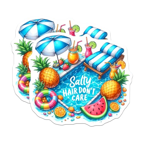 (2 Pack) Salty Hair Dont Care Stickers - Beach Vibes - Summer Aesthetic - 5" On Longest Side - Sticks to Smooth Flat Surfaces - Made in USA - BMCS9285