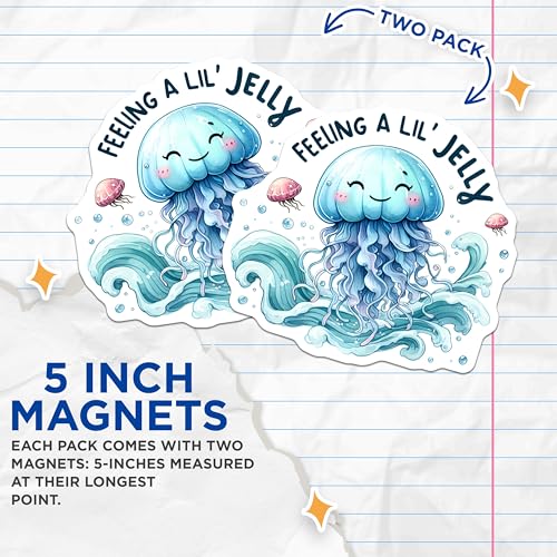 (2 Pack) Feeling A Lil Jelly Magnets Magnets - Cute Jellyfish Decor - 5" On Longest Side - Made in USA - Sticks to Refrigerators & Metal Surfaces - MAG9302