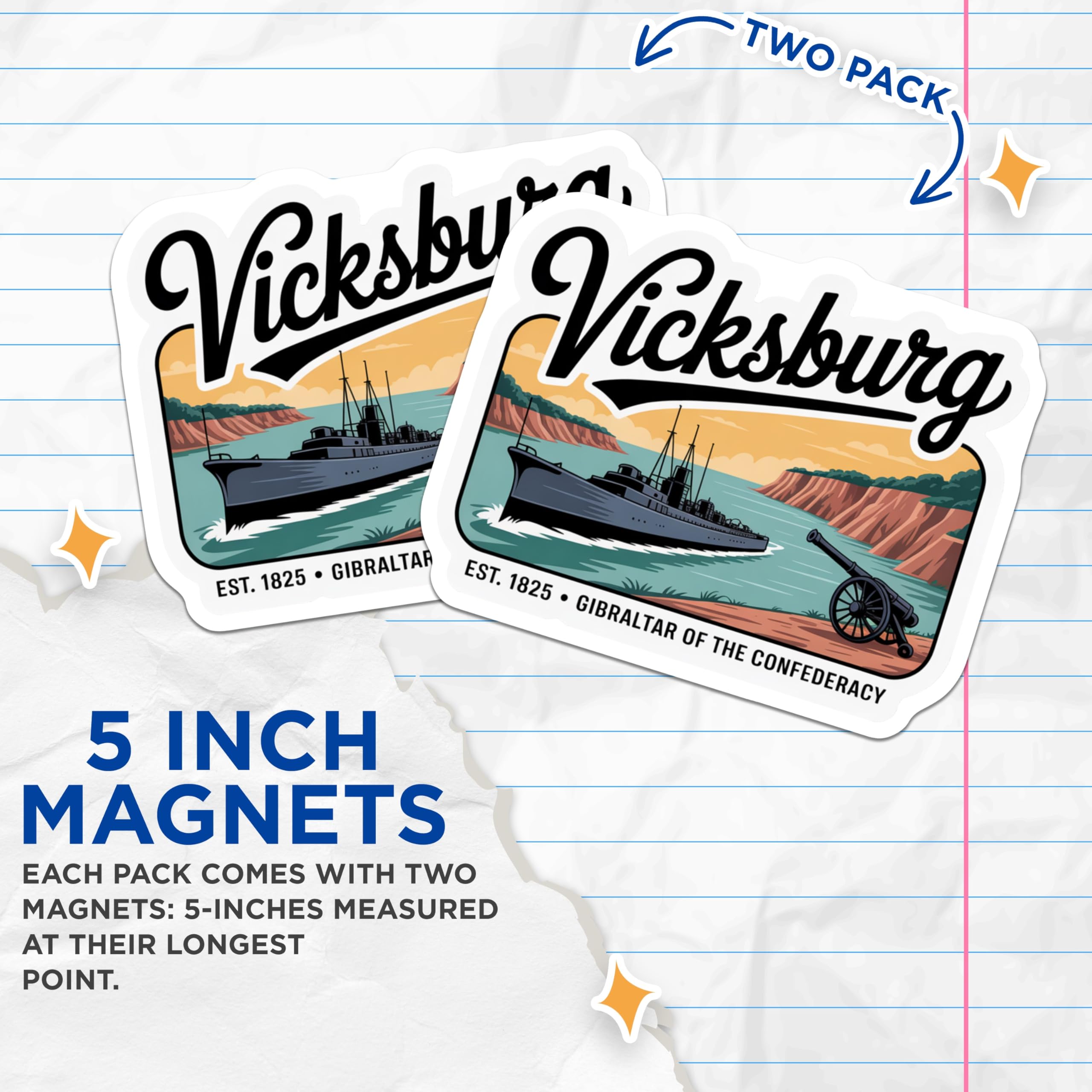 (2 Pack) Vicksburg Magnets - Civil War - Mississippi River Travel Magnets - 5" On Longest Side - Premium Magnet - for Cars, Refrigerators, Toolboxes, Lockers - Made in USA - MAG18224