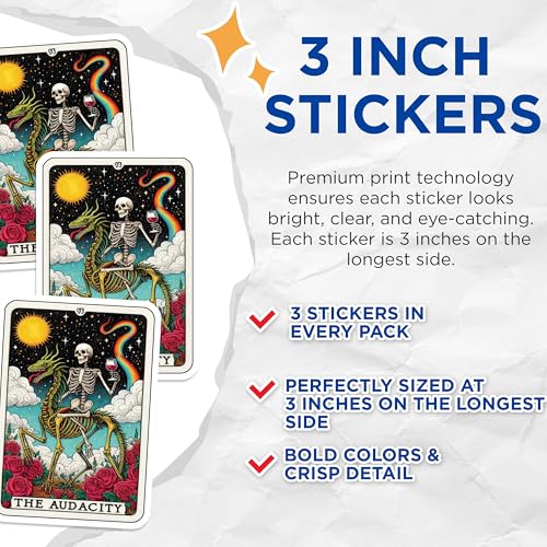 (3 Pack) The Audacity Decals - Dragon Skeleton Art - Laptop Decal - Tarot Card Inspired - 3 Inches On Longest Side - Easy Peel & Apply - Made in USA - 3MCS4117
