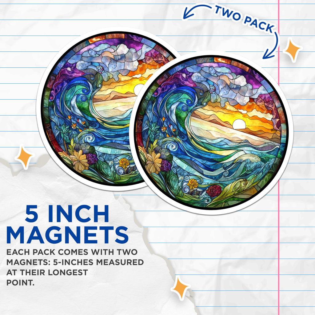 (2 Pack) Stained Glass Ocean Magnets - Sunset Wave Fridge Art - Nature Scene Home Decor - 5 Inches On Longest Side - Thick Durable Magnet - Made in USA - MAG28129